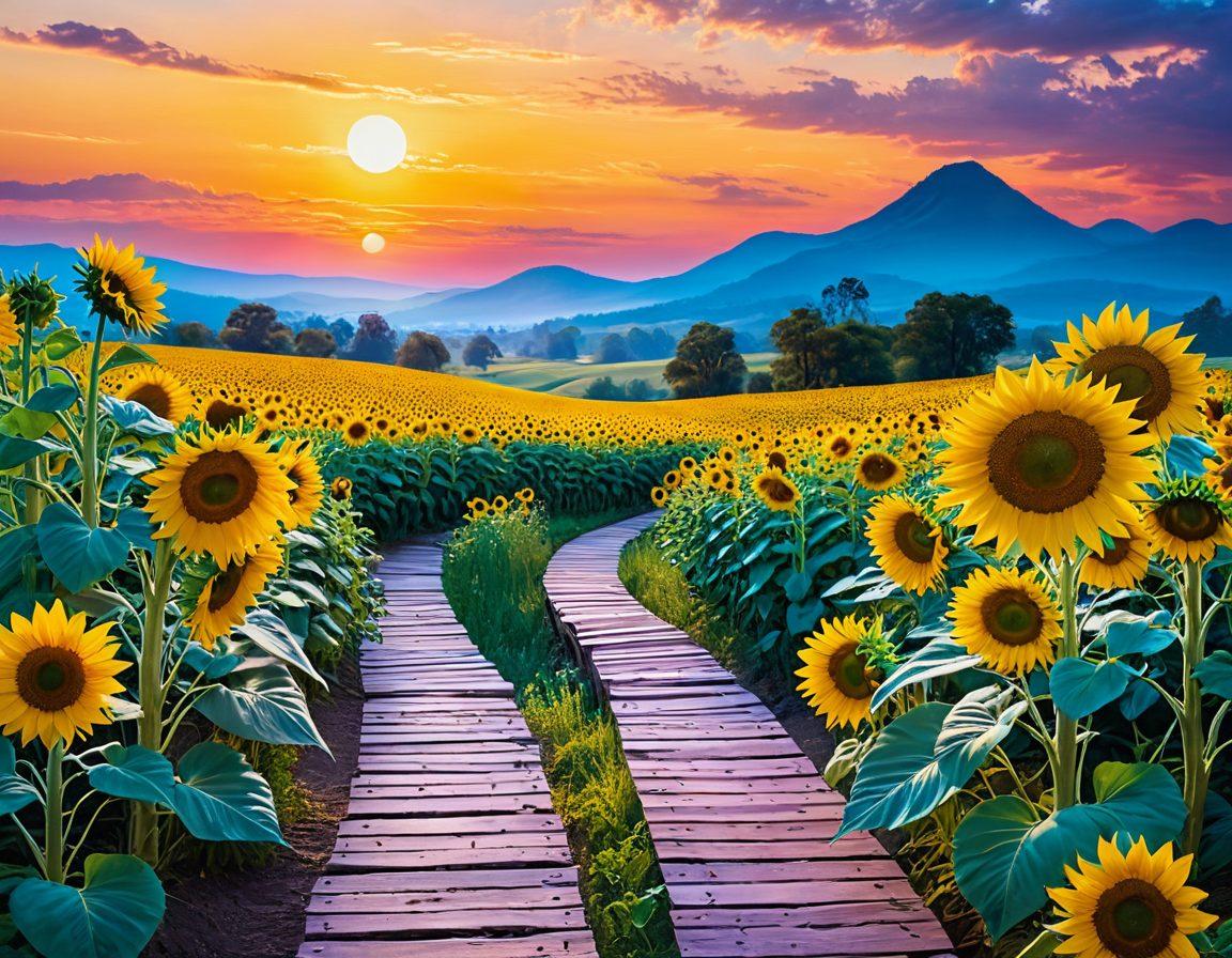 A serene digital landscape depicting a harmonious blend of nature and technology, with glowing pathways leading to platforms of joy, radiating positive vibes. Include vibrant symbols of happiness like sunflowers, smiles, and uplifting quotes hovering over the path. Soft, ethereal colors blending in a dreamlike sky, inviting the viewer to embark on a journey of bliss. surrealism. vibrant colors. soft focus.