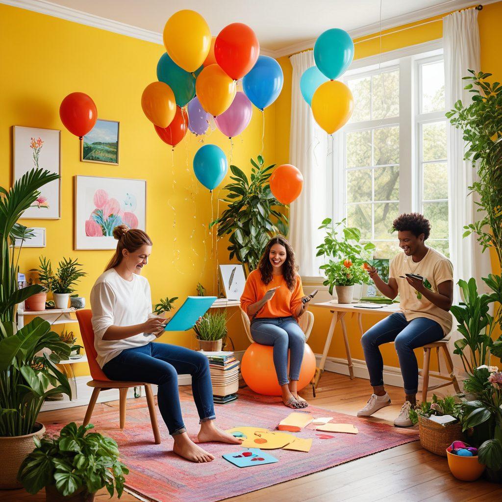 A vibrant collage of happy people engaging in various joyful activities, such as painting, dancing, and meditating with digital devices around them. Incorporate bright colors and whimsical elements like floating balloons and sunshine to evoke a sense of exuberance. Include soft, inviting backgrounds that represent both nature and a modern digital workspace. super-realistic. vibrant colors. cheerful atmosphere.