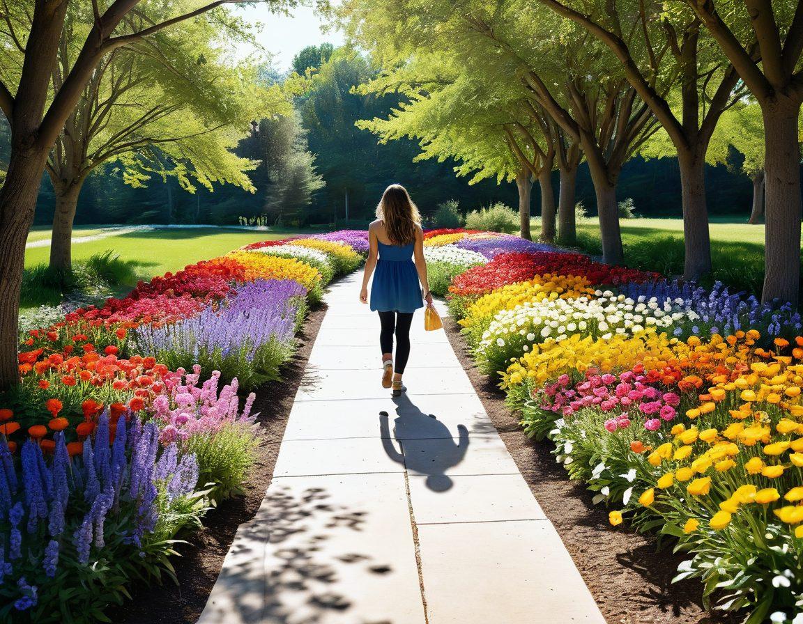 A person walking along a vibrant path filled with colorful flowers and uplifting signs, a bright sun shining overhead, and playful butterflies fluttering around, representing the journey to happiness. The scene is joyful and inviting, with a lighthearted ambiance. super-realistic. vibrant colors. white background.